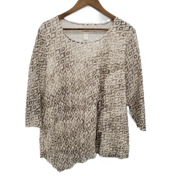 Chico's Womens 3 (XL) Brown Tan Abstract Diamond Print Asymmetric Hem Tunic Top - Picture 2 of 13